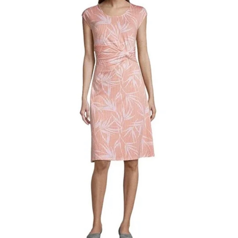 Lands' End Crisp Peach Palm Striped Print Jersey Knit Fit & Flare Dress